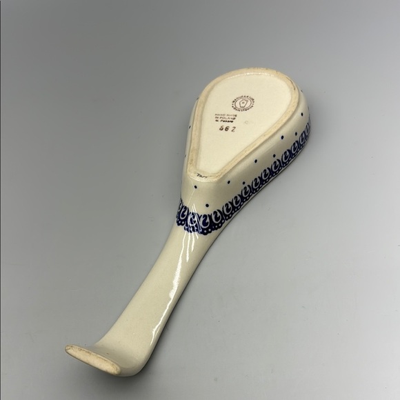 Artisanal Polish Pottery Blue and White Ceramic Spoon Rest Kitchen Tool - Picture 10 of 12